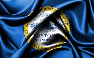 ボストンの旗, 4k, アメリカの都市, 布旗, ボストンの日, 波状の絹の旗, アメリカ合衆国, マサチューセッツ州の都市, 米国の都市, マサチューセッツ州ボストン, ボストン
