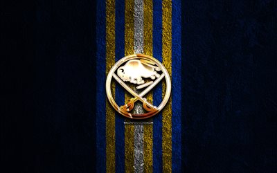 logotipo de oro de buffalo sabres, 4k, fondo de piedra azul, nhl, equipo de hockey americano, liga nacional de hockey, logotipo de buffalo sabres, hockey, buffalo sabres