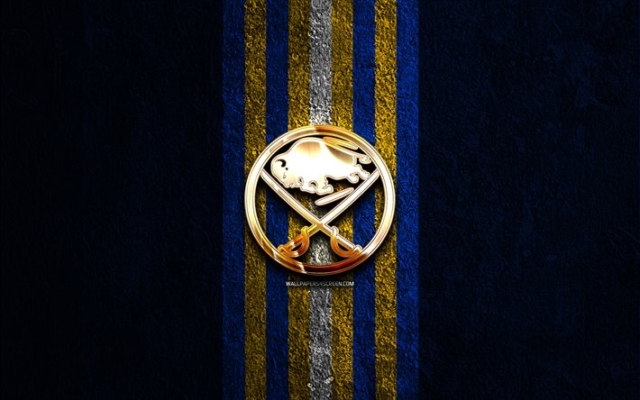 buffalo sabres logo dorato, 4k, sfondo di pietra blu, nhl, squadra di hockey americana, national hockey league, logo buffalo sabres, hockey, buffalo sabres