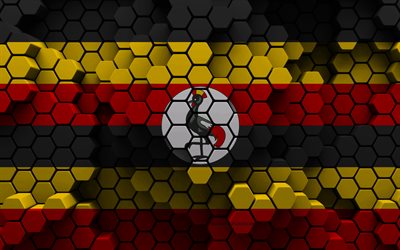 4k, drapeau de l ouganda, 3d hexagone de fond, drapeau 3d de l ouganda, jour de l ouganda, texture hexagonale 3d, symboles nationaux de l ouganda, ouganda, drapeau de l ouganda 3d, pays africains