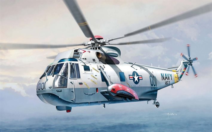 Sikorsky S-61 Sea King, 4k, artwork, US Air Force, US army, military transport helicopter, military aircraft, Sikorsky Aircraft, S-61 Sea King, Sikorsky, aircraft, military aviation