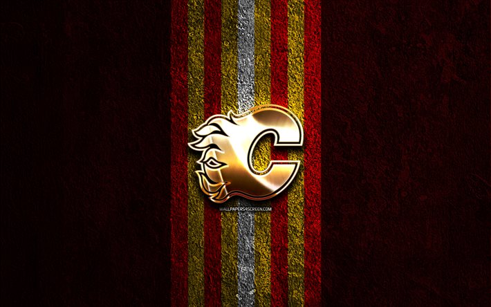 Calgary Flames golden logo, 4k, red stone background, NHL, american hockey team, National Hockey League, Calgary Flames logo, hockey, Calgary Flames