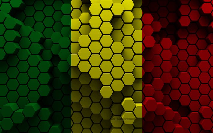 4k, bandera de malí, fondo hexagonal 3d, bandera 3d de malí, día de malí, textura hexagonal 3d, símbolos nacionales de malí, malí, países africanos