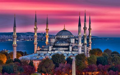 4k, Blue Mosque, Istanbul, Sultan Ahmed Mosque, evening, sunset, evening sky, Istanbul panorama, Istanbul cityscape, mosque, Turkey