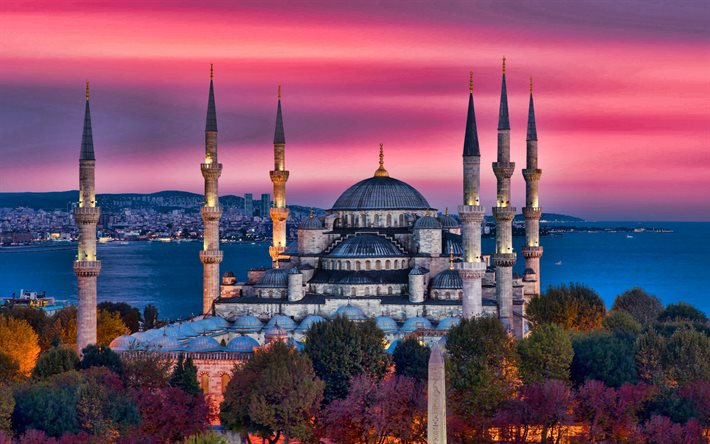 4k, المسجد الأزرق, اسطنبول, جامع السلطان احمد, اخر النهار, غروب الشمس, سماء المساء, بانوراما اسطنبول, اسطنبول سيتي سكيب, مسجد, ديك رومى