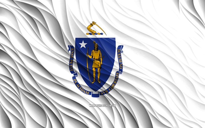 4k, マサチューセッツ州旗, 波状の 3d フラグ, アメリカの州, マサチューセッツ州の旗, マサチューセッツの日, 3d 波, アメリカ合衆国, マサチューセッツ州