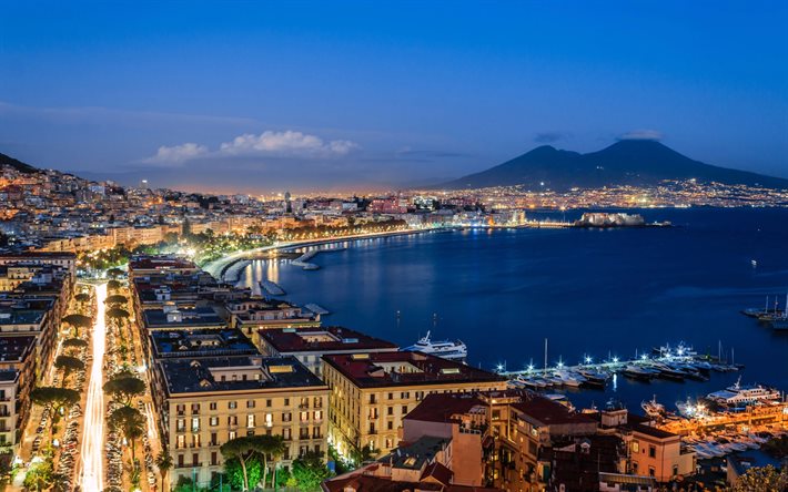 4k, Naples, evening, sunset, Gulf of Naples, Campania, coast, mediterranean sea, Naples panorama, Naples cityscape, Italy