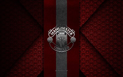 manchester united fc, premier league, röd stickad textur, manchester united fc logotyp, engelsk fotbollsklubb, manchester united fc emblem, fotboll, manchester, england