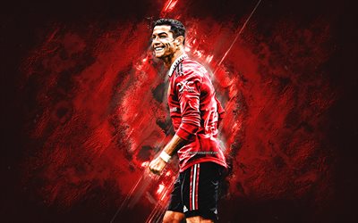 Cristiano Ronaldo, 2022, Manchester United FC, CR7, Portuguese footballer, red stone background, Premier League, England, football