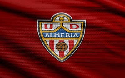 UD Almeria fabric logo, 4k, red fabric background, LaLiga, bokeh, soccer, UD Almeria logo, football, UD Almeria emblem, UD Almeria, spanish football club, Almeria FC