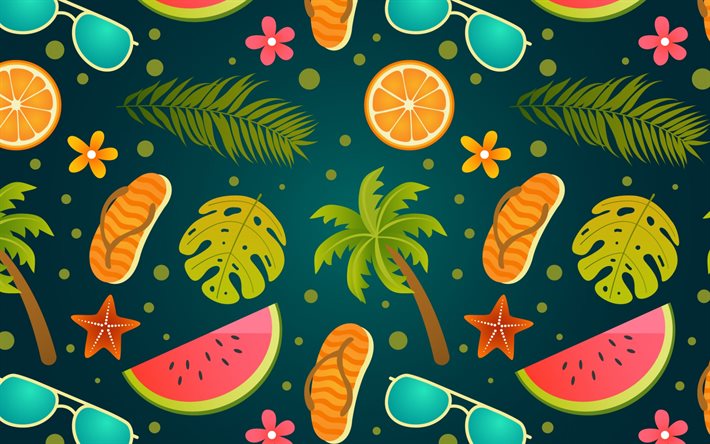 sommarbakgrund, sommarresor, frukt, tropiska öar, sommarstruktur, resebakgrund, palmer, vattenmelon