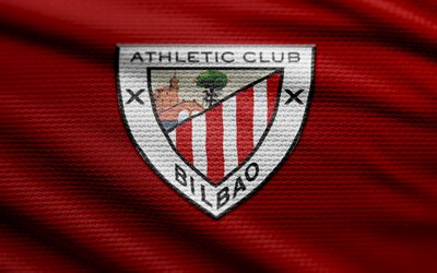 logo de tissu de bilbao athlétique, 4k, contexte de tissu rouge, la ligue, bokeh, football, logo de bilbao athlétique, emblème de bilbao athlétique, bilbao athlétique, club de football espagnol, fc de bilbao athlétique