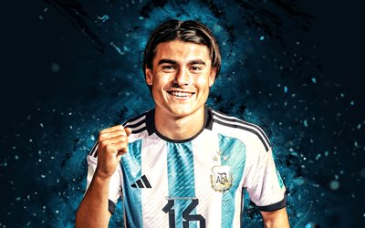 luka romero, 4k, siniset neonvalot, argentiinan kansallinen jalkapallojoukkue, jalkapallo, jalkapalloilijat, sininen abstrakti tausta, argentiinalainen jalkapallojoukkue, luka romero 4k