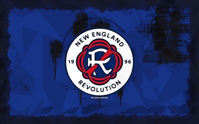 logotipo grunge da new england revolution, 4k, mls, fundo azul grunge, futebol, emblema da revolução da nova inglaterra, logotipo da revolução da nova inglaterra, american soccer club, new england revolution fc