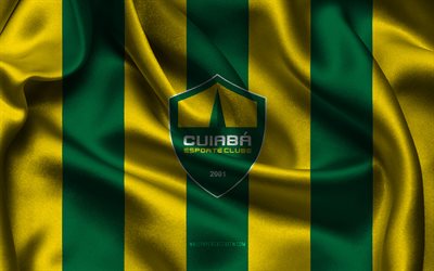 4k, logo cuiaba ec, tessuto di seta giallo verde, team di calcio brasiliana, emblema cuiaba ec, serie brasiliana a, cuiaba ec, brasile, calcio, bandiera cuiaba ec, cuiaba fc