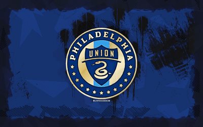 philadelphia union grunge logo, 4k, ml, blå grunge bakgrund, fotboll, philadelphia union emblem, philadelphia union logo, amerikansk fotbollsklubb, philadelphia union fc