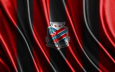 4k, logotipo de sapporo de hokkaido consadole, liga j2, textura de seda negra roja, bandera de sapporo de hokkaido, club de fútbol japonés, fútbol, bandera de seda, hokkaido consadole sapporo emblema, japón, hokkaido consadole sapporo