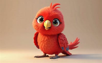 papagaio vermelho fofo e engraçado, 4k, pássaros fofos, papagaios, fundo com papagaio vermelho, papagador vermelho fofo, parrot vermelho engraçado, animais 3d fofos, parrot vermelho 3d, parrot vermelho desenhado
