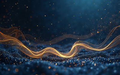 خلفية زرقاء داكنة مع الموجة الذهبية, 4k, خلفية مع الأمواج, موجة ذهبية متوهجة, خلفية الأمواج الزرقاء الداكنة, خلفية الأمواج التجريدية