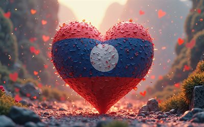 4k, amo a laos, obra de arte, antecedentes de la naturaleza 3d, día de laos, bandera de laos, corazón con bandera laosiana, corazones 3d, bokeh, bandera laosia, laos, amor por laos