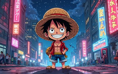 4k, 원숭이 d luffy, chibi art, 한 조각, 나이트 스케이프, 기어 다섯 번째, 만화, 초록 예술, 한 조각 문자, 기어 5, 작품, gomu gomu no mi, monkey d luffy 한 조각