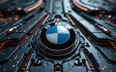 4k, BMW metal logo, bokeh, black mechanical backgrounds, cars brands, BMW 3D logo, creative, BMW logo, BMW