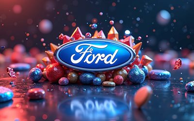 logo ford 3d, 4k, bokeh, forme geometriche 3d, background astratto scuro, opera d'arte, ford logo colorato, arte geometrica, logo ford, marchi di auto, guado