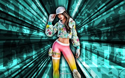 4k, rubí colorido, antecedentes de rayos turquesa, piel colorida de rubí, colorido rubí fortnite, arte abstracto, piel de rubí colorida de fortnite, personajes de fortnite, fortnita, arte creativo