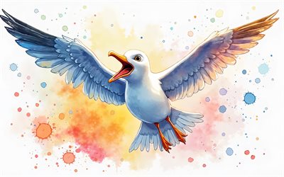 gaivota de desenhos animados, 4k, arte em aquarela, animais fofos, criativo, gaivotas, pássaros de desenho animado, gaivota fofa, obra de arte, gaivota