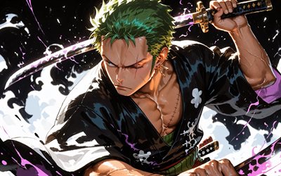 4k, رورونوا زورو, السيوف, الفن ثلاثي الأبعاد, قطعة واحدة, معركة, الظلام, العمل الفني, أحرف قطعة واحدة, المانجا, هنتر القراصنة, رورونوا زورو قطعة واحدة