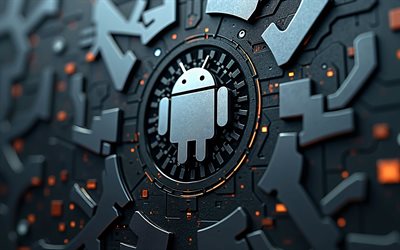Android metal logo, 4k, bokeh, orange glare, black metal backgrounds, OS brands, Android 3D logo, creative, Android logo, Android