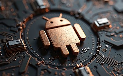 logotipo de bronze 3d android, 4k, placa  mãe preta, android sign, emblema da samsung, logotipo android, antecedentes da tecnologia negra, android, antecedentes com o logotipo do android, robô 3d android