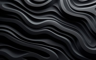 أمواج ثلاثية الأبعاد سوداء, 4k, مبدع, مجردة الأمواج ثلاثية الأبعاد, قوام ثلاثي الأبعاد, خلفيات أسود ثلاثي الأبعاد, العمل الفني, الموجات ثلاثية الأبعاد, خلفيات ثلاثية الأبعاد, خلفية متموجة سوداء