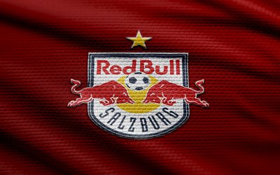 red bull salzburg logotipo de tela, 4k, fondo de tela roja, bundesliga austriaca, bokeh, fútbol, logotipo de red bull salzburg, fútbol americano, emblema de red bull salzburg, bull red salzburgo, club de fútbol austriaco, fc red bull salzburgo