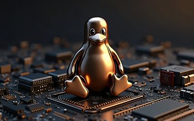 linux 3d bronze logo, 4k, placa  mãe preta, linux sign, emblema linux, logotipo linux, antecedentes da tecnologia negra, linux, antecedentes com o logotipo do linux, linux 3d penguin