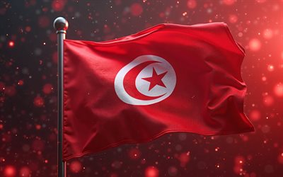 4k, bandera de túnez en la bandera, obra de arte, resplandor rojo, arte digital, bandera de túnez, bokeh, antecedentes abstractos, bandera tunecina, áfrica, bandera de ondas de tela túnez, bandera 3d de túnez, túnez