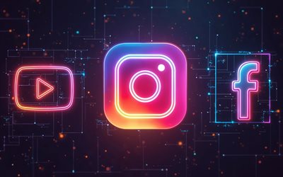 social networks, 4k, Instagram logo, YouTube logo, Facebook logo, black background, neon light, social networks concepts, Instagram, YouTube, Facebook