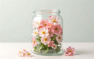 flores de eustoma rosa dentro de frasco de vidrio transparente, 4k, eustoma rosa, pequeñas flores dentro del frasco, eustoma, antecedentes con eustoma