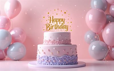 feliz aniversário, 4k, fundo rosa, bolo de aniversário rosa, cartão de feliz aniversário, conceitos de feliz aniversário, antecipação de aniversário com bolo rosa