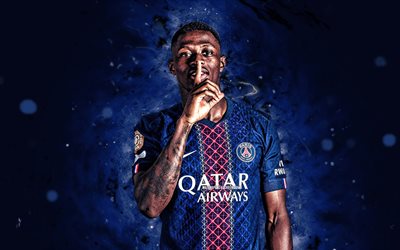 4k, nuno mendes, celebração pessoal, luzes de neon azul, paris saint germain, ligue 1, jogadores de futebol português, criativo, antecedentes abstratos azuis, nuno mendes 4k, futebol, psg, nuno mendes psg