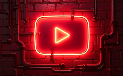 4k, youtube red neon logo, kabel, kreativ, schwarzer backstein  hintergrund, marken, youtube neon  logo, soziale netzwerke, youtube  logo, youtube 3d  logo, youtube