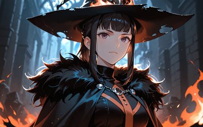 maki oze, 4k, nuit, force de feu, flammes de feu, reine des sorcières, fille du général oze, personnages d'anime, manga, personnages de la force de feu, maki oze force