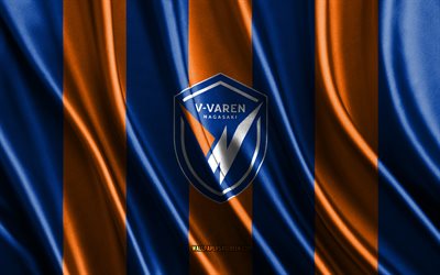4k, logo v varen nagasaki, j2 league, consistenza della seta arancione blu, bandiera v van nagasaki, club di calcio giapponese, calcio, bandiera di seta, emblema v varen nagasaki, giappone, distintivo v varen nagasaki, v varen nagasaki