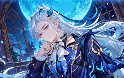 4k, neuvillette, luna azul, impacto de genshin, noche, castillo, personajes de anime, obra de arte, vidrieras, violinista, personajes de impacto genshin, neuvillette genshin impacto