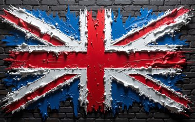 flag del regno unito, 4k, creativo, black brickwall, vernice art, bandiera britannica, spruzzi di vernice, bandiera della gran bretagna, union jack, flag 3d del regno unito, regno unito