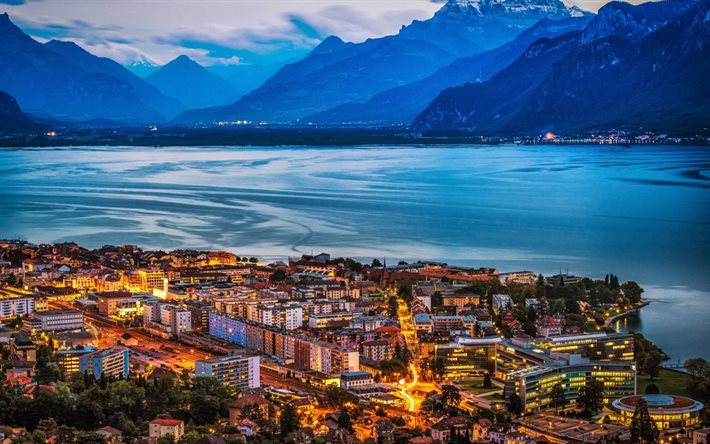Vevey, dağlar, panorama, akşam şehir, İsviçre