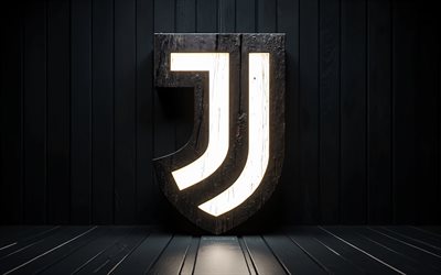 logo juventus neon, 4k, sfondo di legno nero, serie a, calcio, logo juventus, juventus wooden logo, logo juventus fc, club di calcio italiano, emblema della juventus, juventus fc
