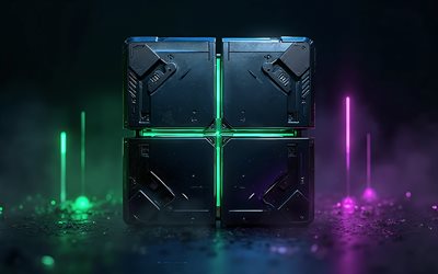 logotipo de windows 11, 4k, luces de neón verdes y moradas, windows 11 emblema 3d, logotipo de windows 11 3d metal, signo de windows 11, windows 11, fondo tecnológico, logotipo de windows, windows