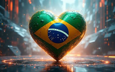 4k, j'adore le brésil, art numérique, créatif, jour du brésil, résumé fond 3d, drapeau du brésil, art 3d, cœur avec drapeau brésilien, coeurs 3d, drapeau brésilien, brésil, l'amour pour le brésil