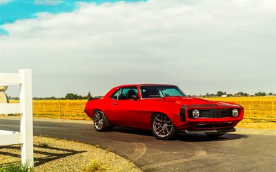 retro cars, 1969, Chevrolet Camaro, red, road